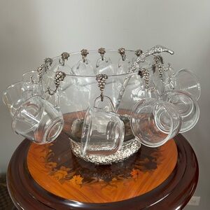 Clear Glass Punch Bowl Set with Silver-Tone Accents and Hanging Mugs